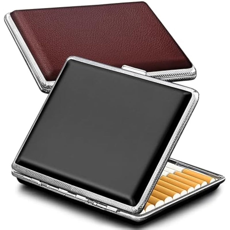Cigarette Case (2 Pack), Spring Switch 20 Capacity Cigarette Holder Case for Men Women, Cigarettes Smoking Accessories for , Metal & Leather Box for Regular, King Size and 100mm 100's - Image 1